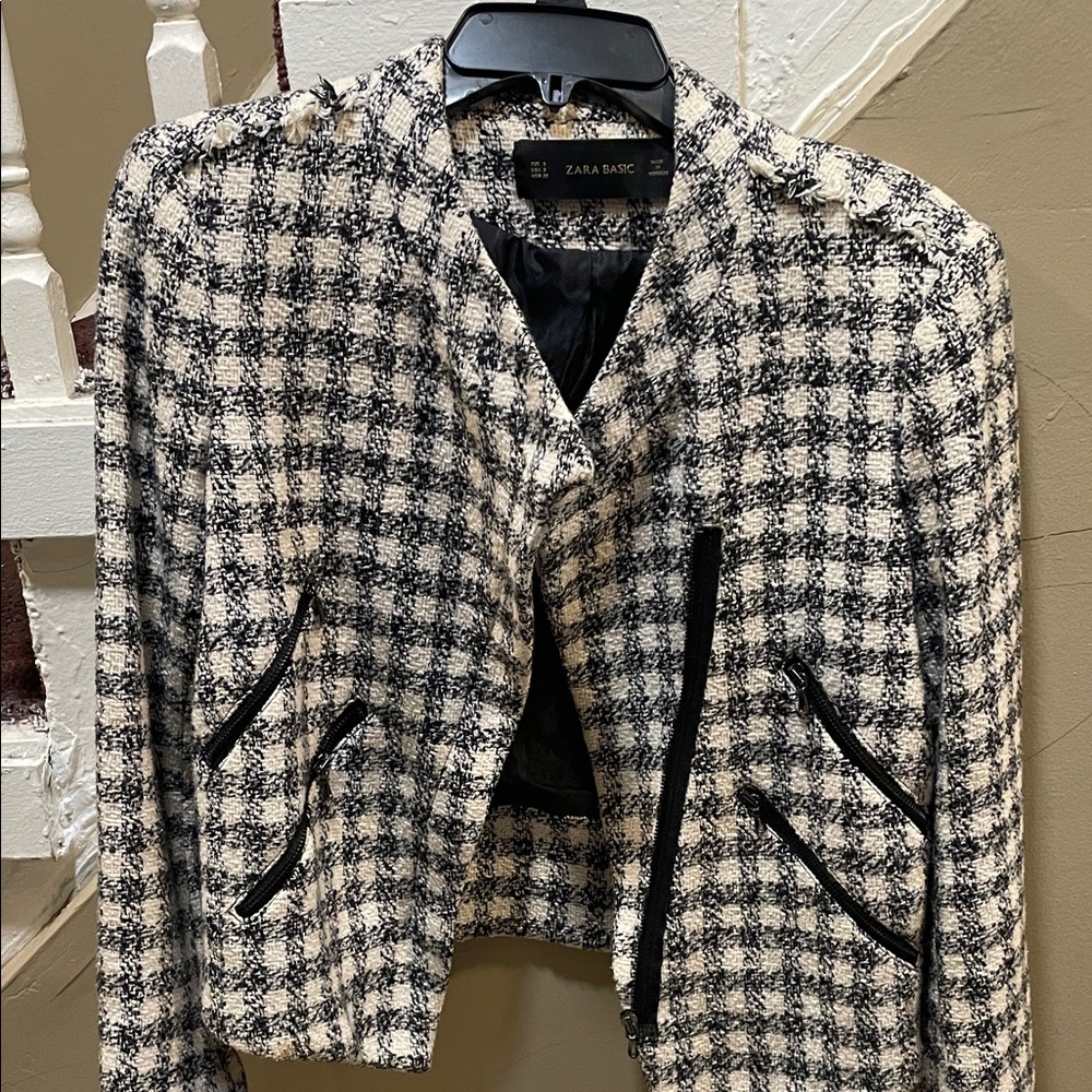 Zara Cream & Black Tweed Plaid Blazer